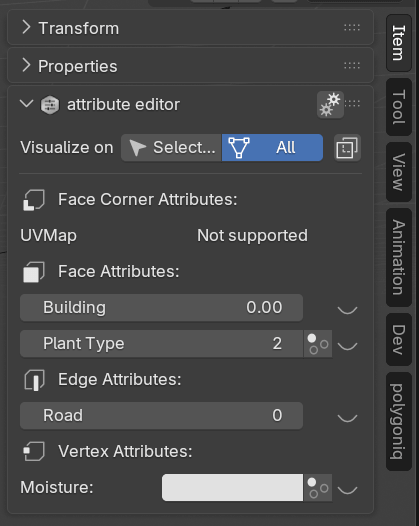 Attributes panel in the Item tab
