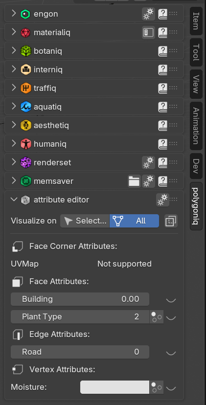 Attributes panel in the polygoniq tab