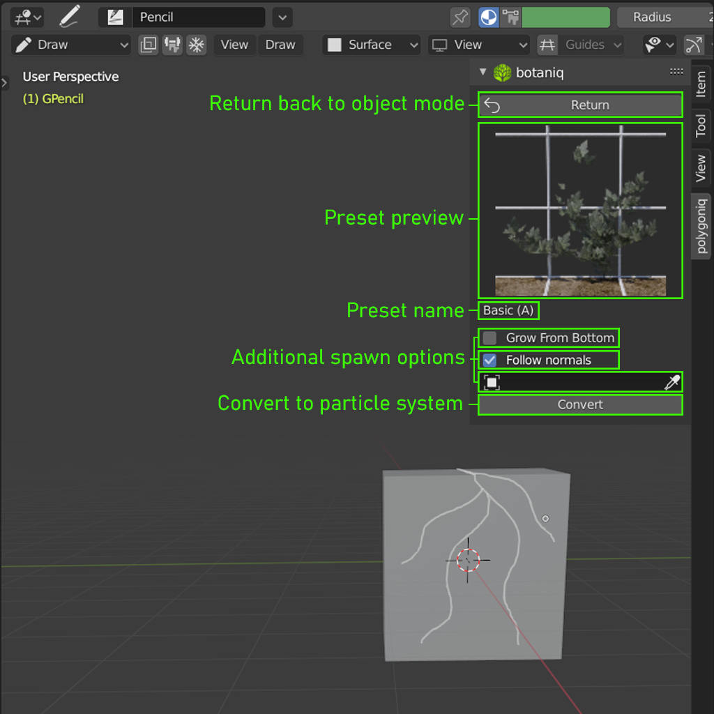 draw vine draw mode panel description