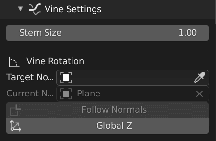 draw vine settings panel