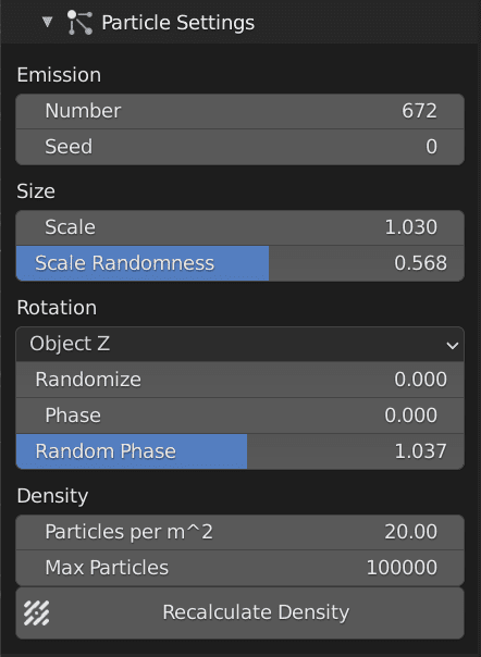 particle settings panel