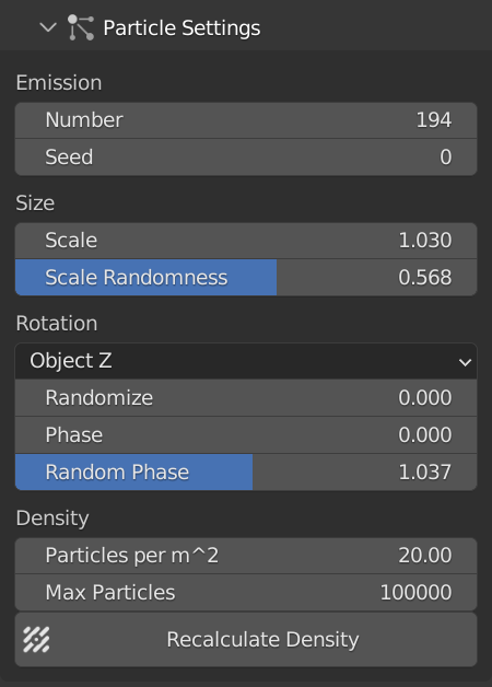 particle settings panel