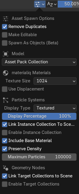 particle settings panel