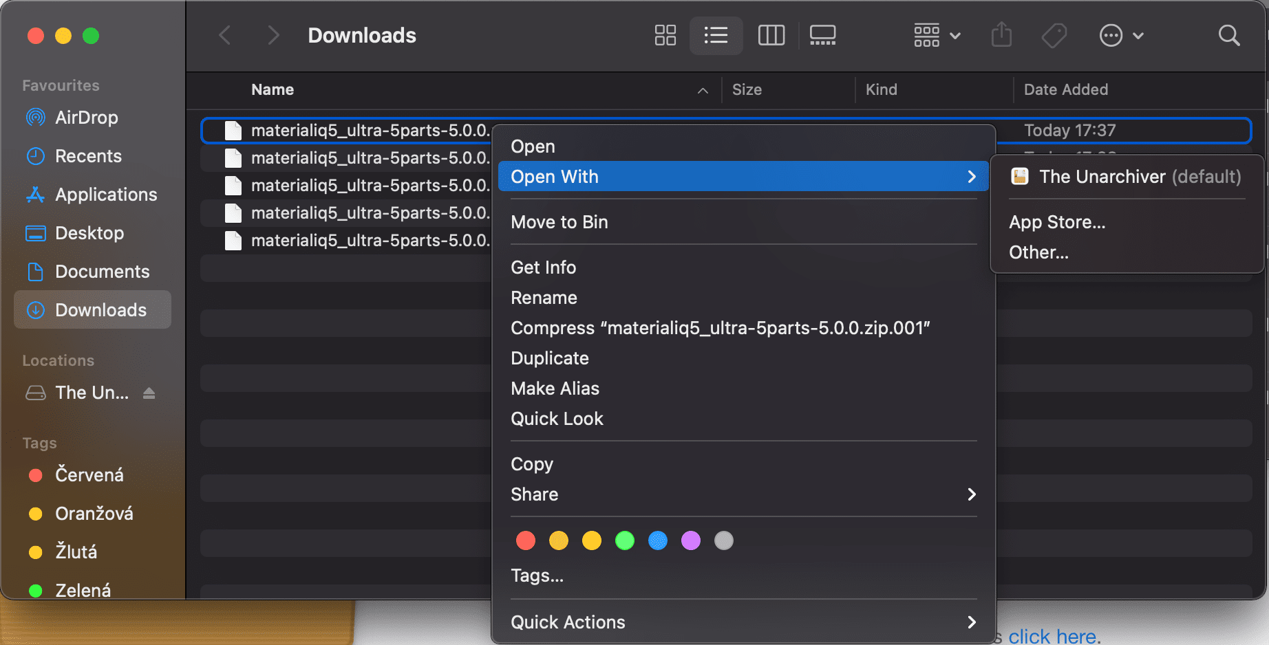 The Unarchiver context menu in macOS 10
