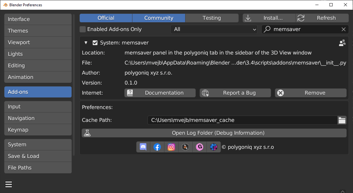 memsaver installed in blender