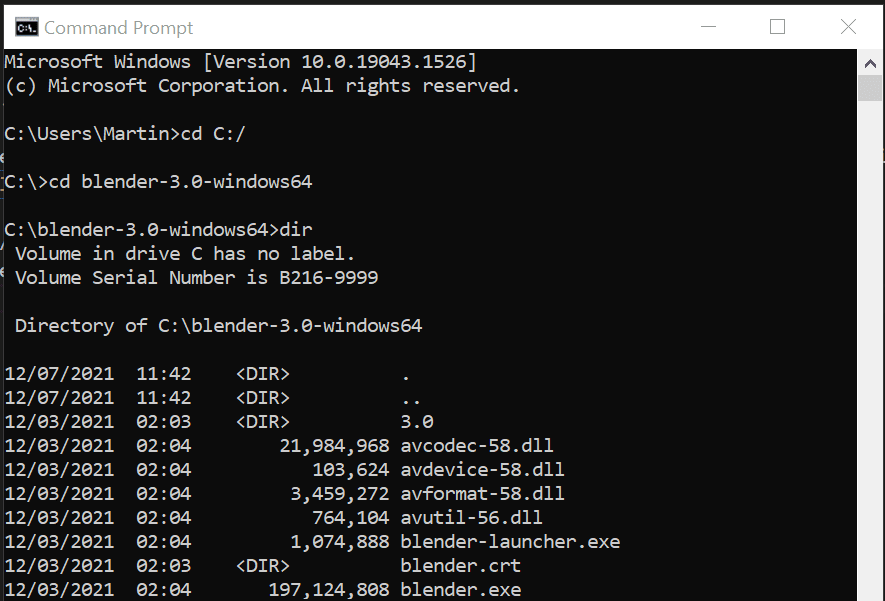 cmd.exe navigate to blender.exe