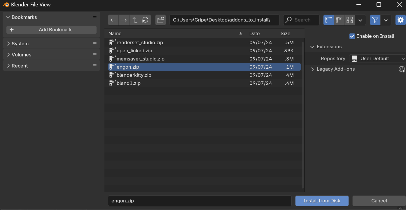  Select renderset extension zip file 