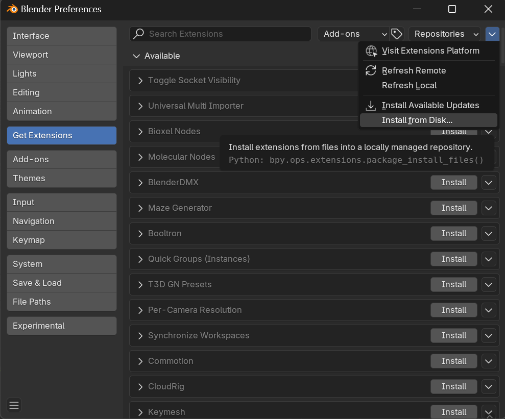 Install renderset extension from disk