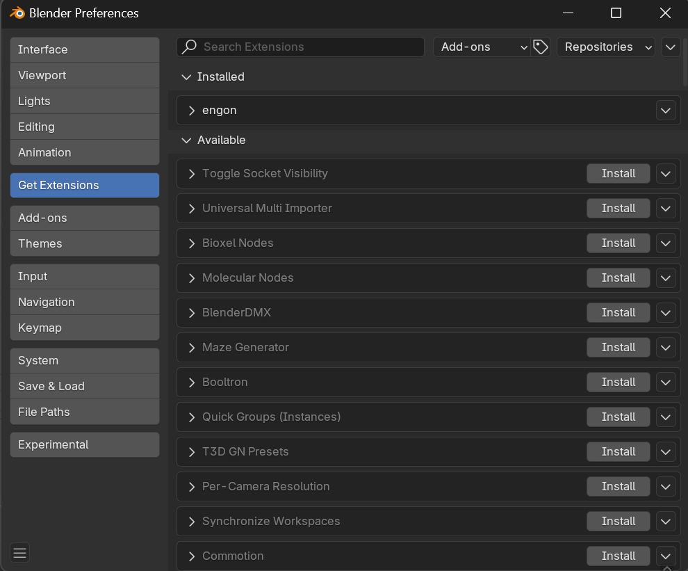 Installed renderset extension