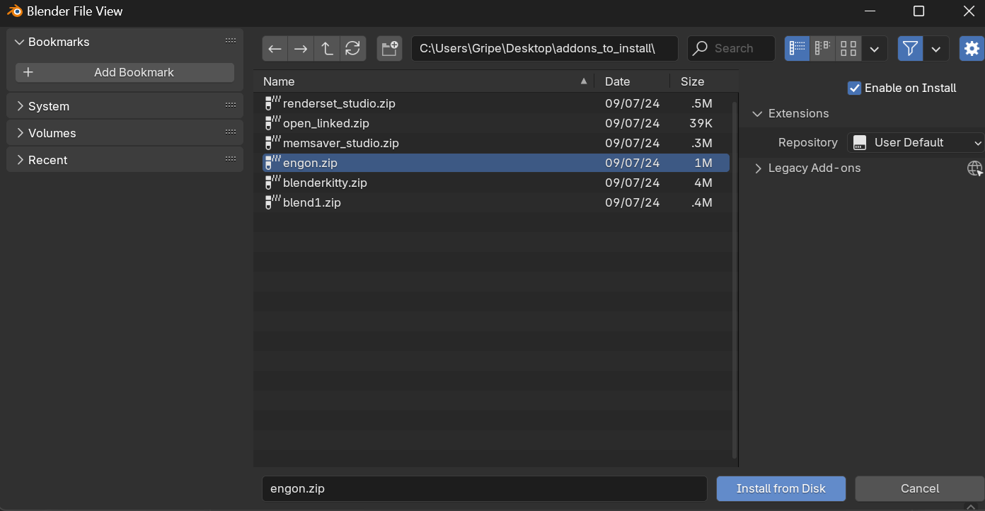 Select renderset extension zip file